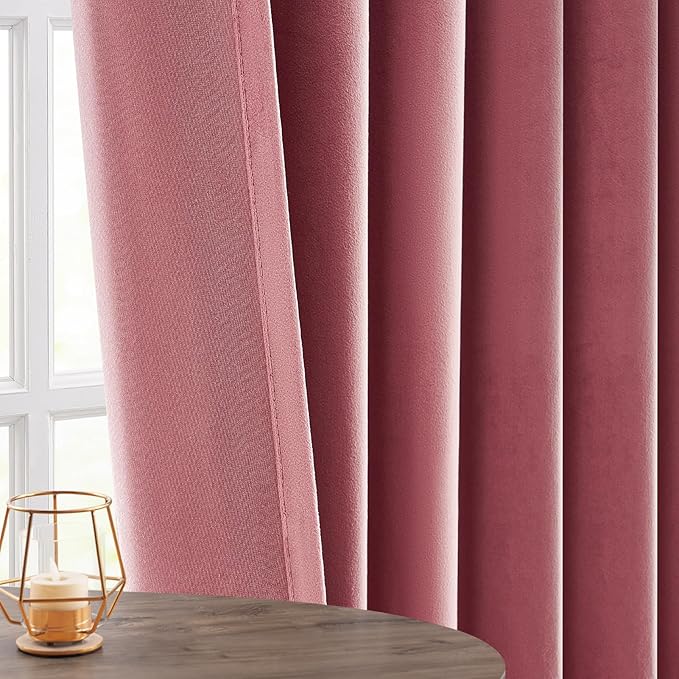 Topfinel Dusty Rose Velvet Blackout Curtains 96 Inches Long, Blush Pink Rose Gold Pleated Boho Floor to Ceiling Spring Cute Back Tab Heavy Crushed Velvet Curtains for Living Room Bedroom with Hooks