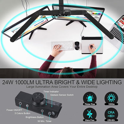 Desk Lamp with USB Charging Ports(C+A) Desk Lamps for Home Office with Hand-Sweep Desk Lamp with Clamp 24W LED Desk Light Clip On Office Desk Lamp with Timer, 21 Light Modes Dimmable Lamp for Desk