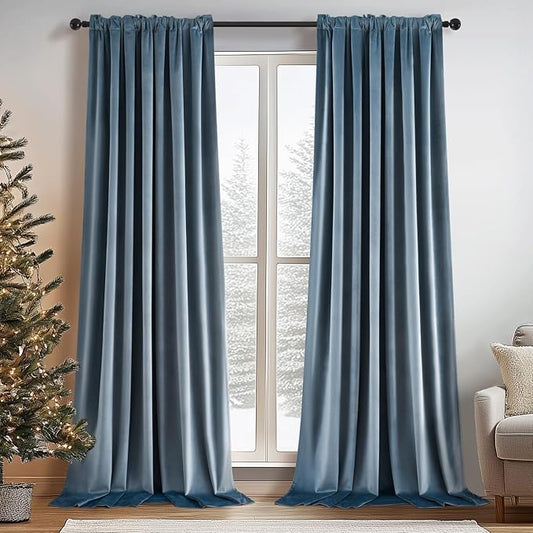 Topfinel Blue Velvet Blackout Curtains 84 Inches Long, Slate Blue Light Stone Blue Dusty Blue Room Darkening Thermal Insulated Heavy Duty Modern Back Tab Winter Drapes for Living Room Bedroom 2 Panels