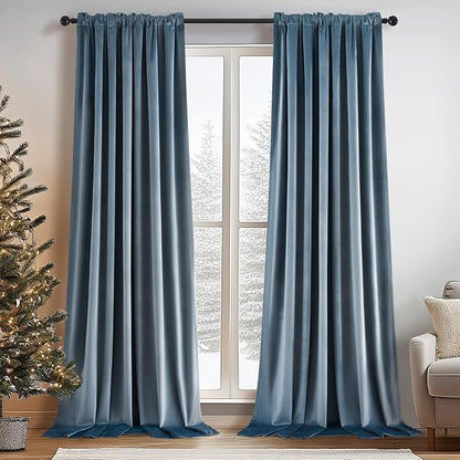 Topfinel Extra Long Light Blue Velvet Blackout Curtains 108 Inches Long for Living Room Large Window, Denim Rod Pocket Cold Blocking Heavy Tall Floor Length Boho Track Curtains 2 Panels 9 FT