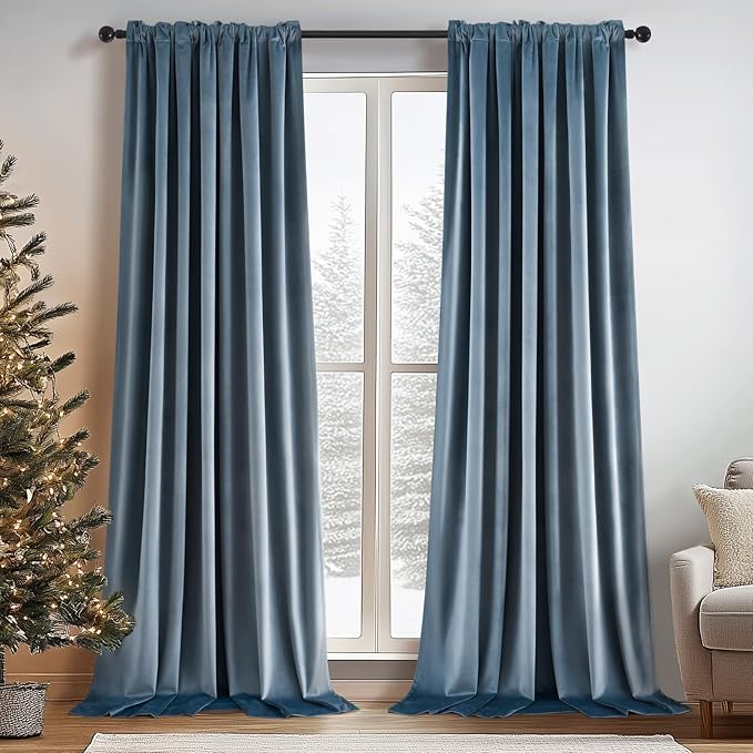 Topfinel Slate Blue 96 Inches Long Velvet Room Darkening Curtains, Dark Blue Dusty Blue Noise Reducing Black Out Elegant Thermal Insulated Light Blocking Privacy Curtains 2 Panels with Hooks for Track