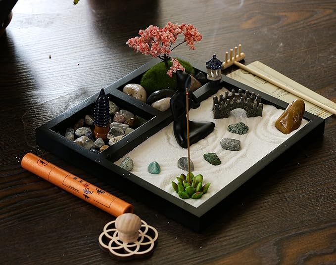 Desktop Meditation Yoga Zen Garden Kit Japanese Tabletop Rock Sand Chakra Shrine Altar Japanese Zen Decor Home Office Desk Zen Gifts for Women Man Birthday w/Rake Tool Accessories Bonsai