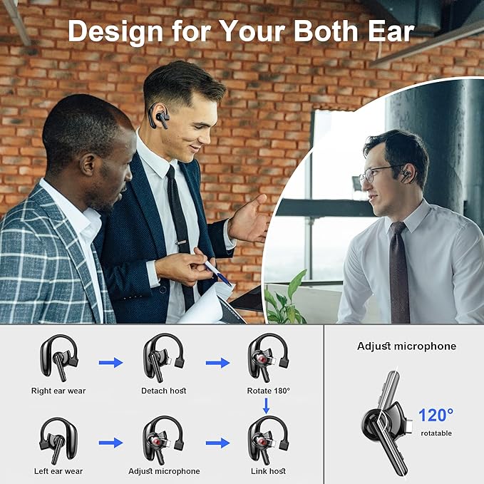 Bluetooth Headset Dual-Mic V5.4 Wireless Bluetooth Earpiece Noise Canceling Hands-Free Headphones 14 Hours Talking Time 140H Standby for Cell Phones iPhone Android Trucker,Office,Driving,Business