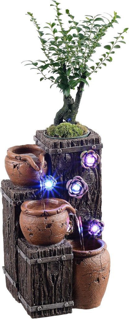 Tabletop Water Fountain,Woodgrain Succulent Growing Fountain with 5 LED Color Changing Lights， Meditation Desk Water Decorative Home Decor，Office Decor or House Warming Gifts New Home