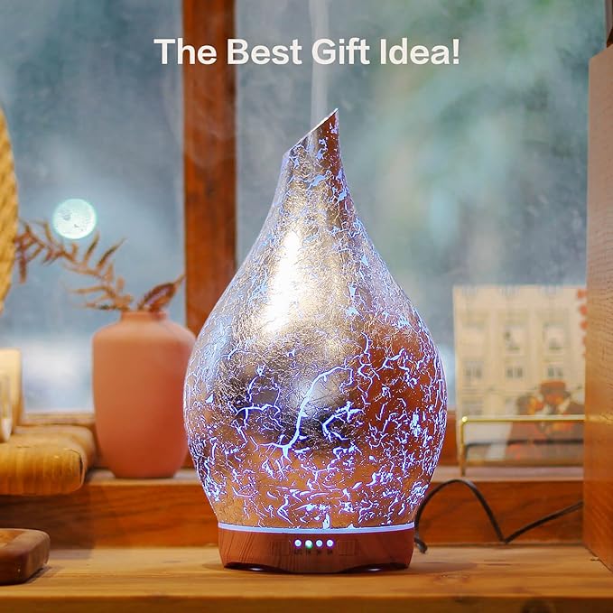 Porseme 280ml Essential Oil Diffuser, 3D Glass Aromatherapy Diffusor, Ultrasonic Cool Mist BPA Free Aroma Humidifier with Timer and Color Changing Function, Waterless Shut-Off for Home Office Room