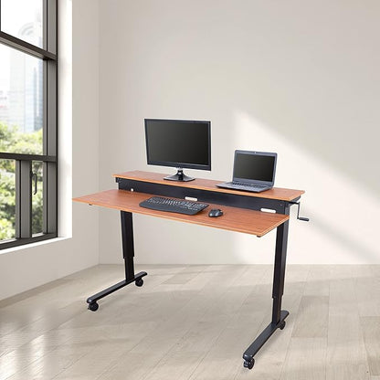 S STAND UP DESK STORE Crank Adjustable 2-Tier Standing Desk with Heavy Duty Steel Frame (Black Frame/Teak Top, 60 inch Wide)