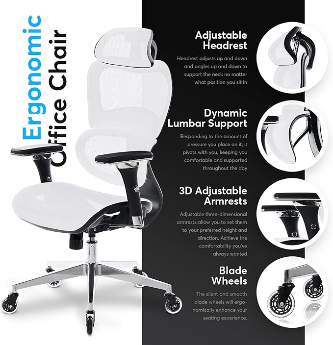 Oline ErgoPro Ergonomic Office Chair - Rolling Desk Chair with 4D Adjustable Armrest, 3D Lumbar Support and Blade Wheels - Mesh Computer Chair, Gaming Chairs, Executive Swivel Chair (White)