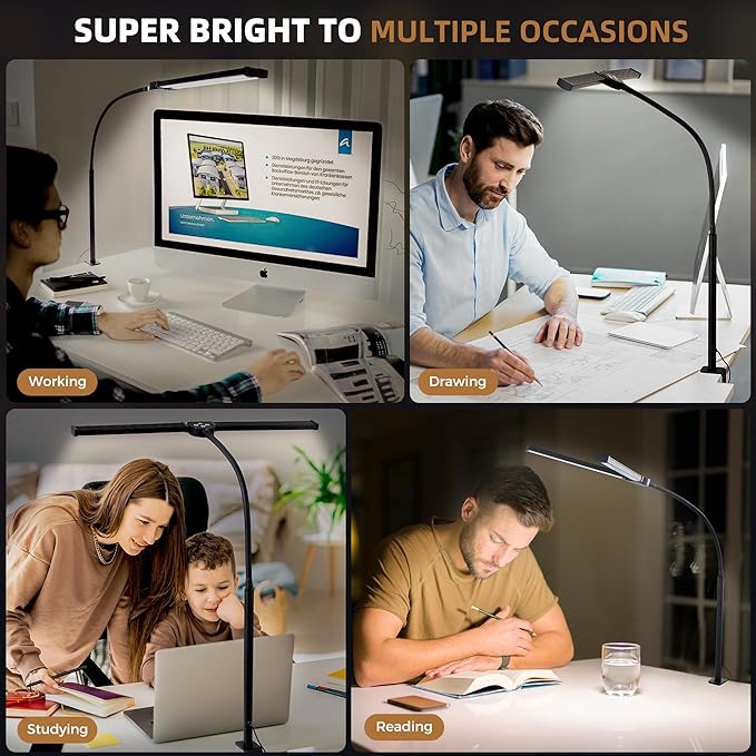 Led Desk Lamp for Home Office, Eye-Care Architect Light with Clamp, Smart Double Head Computer Monitor Table Clip Lamp, Adjustable Flexible Gooseneck, 25 Lighting Models, Task lamp, White and Sliver