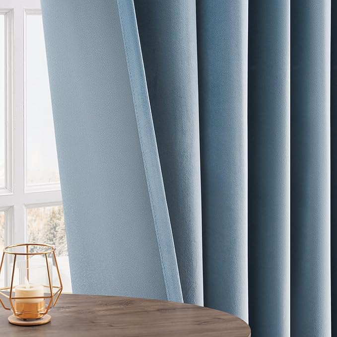 Topfinel Extra Long Light Blue Velvet Blackout Curtains 108 Inches Long for Living Room Large Window, Denim Rod Pocket Cold Blocking Heavy Tall Floor Length Boho Track Curtains 2 Panels 9 FT