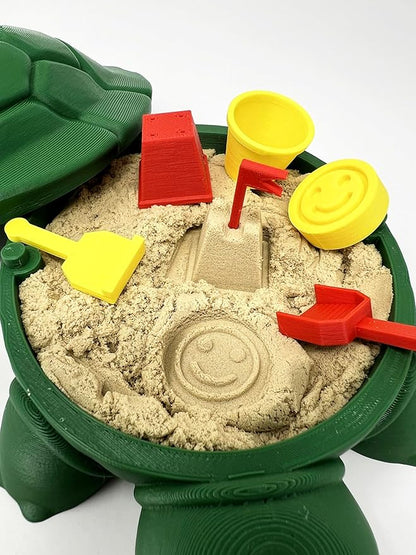 Munnygrubbbers - Mini Desktop Turtle Sand Box - 6 x 6 in - Stress Relief - includes Soft Moldable Play Sand and Mini Tool Accessories - Novelty Gift - Desktop Decor - Zen Garden - (Silver)