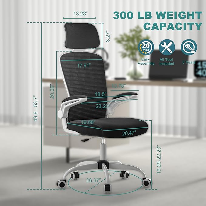 Mimoglad Office Chair, High Back Ergonomic Desk Chair with Adjustable Lumbar Support and Headrest, Swivel Task Chair with flip-up Armrests for Guitar Playing, 5 Years Warranty