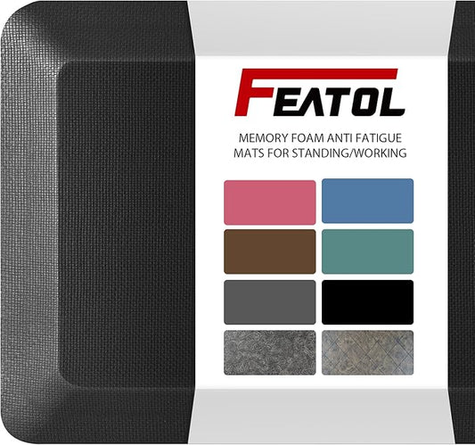 FEATOL Extra Thick Anti Fatigue Mat Floor Mat (20" x 48", Black), Standing Office Desk Mat Memory Foam Cushioned Anti Fatigue Ergonomic Kitchen Mats Comfort Standing Pad NOT PVC 9/10 Inch Thick