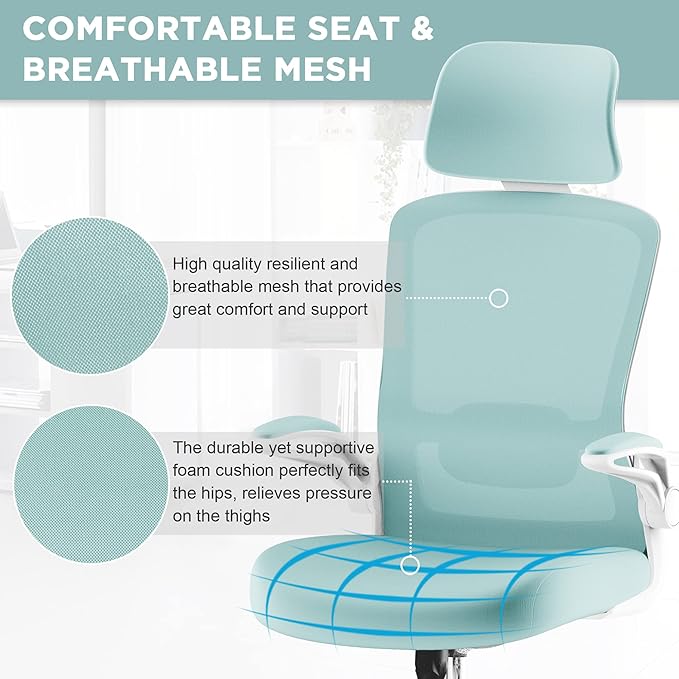 Mimoglad Office Chair, High Back Ergonomic Desk Chair with Adjustable Lumbar Support and Headrest, Swivel Task Chair with flip-up Armrests for Guitar Playing, 5 Years Warranty