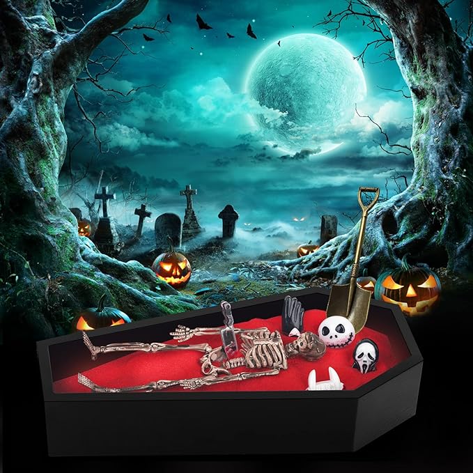 LUCHINM Coffin Zen Garden Kit for Desk,Coffin Decor,9.2×4.5in Spooky Zen Sand Garden with 6 Accessories and 3 Mini Rakes,Gothic Room,Office Desk Decor (Red)