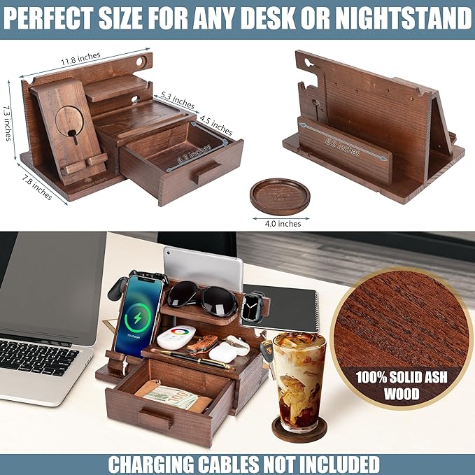 Wood Phone Docking Station with Drawer, Compatible With Apple Watch and MagSafe - Wood Charging Station Organizer Stand, Bedside Nightstand Organizer for Men, Holds Phone, Tablet, Keys, Glasses, EDC