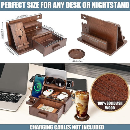 Wood Phone Docking Station with Drawer, Compatible With Apple Watch and MagSafe - Wood Charging Station Organizer Stand, Bedside Nightstand Organizer for Men, Holds Phone, Tablet, Keys, Glasses, EDC