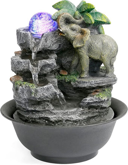 BEAMNOVA Tabletop Fountain,Relaxation Water Feature Feng Shui Indoor Fountain of Elephant Sculpture with Colorful Spinning Ball for Home Office Desktop Décor