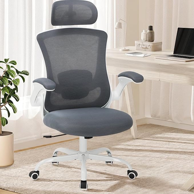 Ergonomic Mesh Office Chair, High Back Executive Desk Chair with Adjustable Headrest and Lumbar Support, Flip-Up Arms, Rocking, Swivel Rolling Computer Mesh Chair for Home Office-Grey