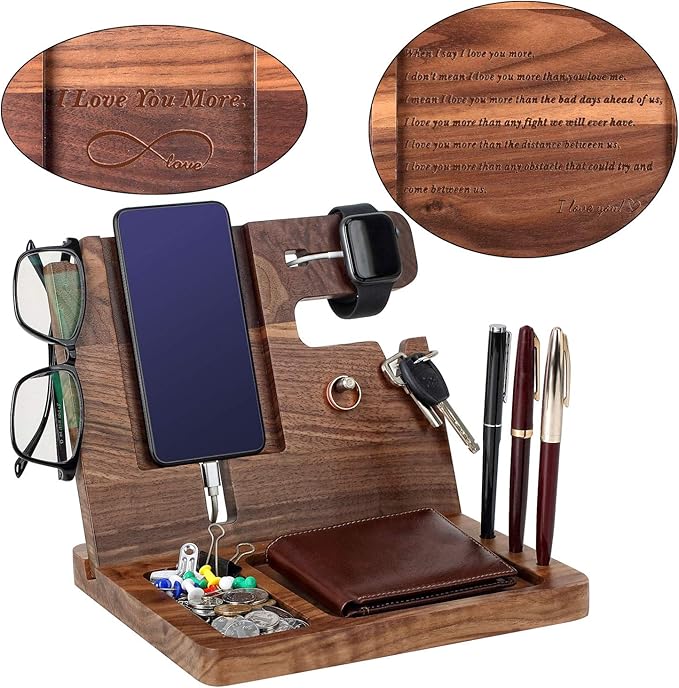 awofer Gifts for Men - Ebony Wood Phone Docking Station - Nightstand with Key Holder, Wallet Stand and Watch Organizer to Boyfriend Husband Wife Dad for Anniversary Birthday Christmas