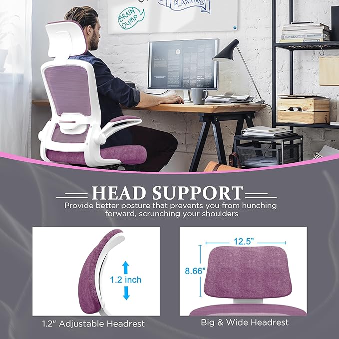 Mimoglad Office Chair, High Back Ergonomic Desk Chair with Adjustable Lumbar Support and Headrest, Swivel Task Chair with flip-up Armrests for Guitar Playing, 5 Years Warranty