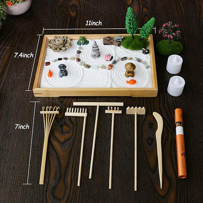 Desk Zen Garden Kit - 11x7.5in Mini Rock Garden Zen Gift Set for Home Office Desk Japanese Decor, Zen Sand Garden, 7 Tools, 21 Accessories.Bamboo Sand Tray Therapy Desktop Meditation Room Gifts