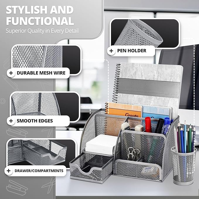 Flexzion Desk Organiser, Pen Holder, Office Organiser, Students Desk Accessories Made of Metal with Drawer and 6 Compartments, for Aesthetic Pens, Stapler, Folder Clips, Sticky Notes, Silver