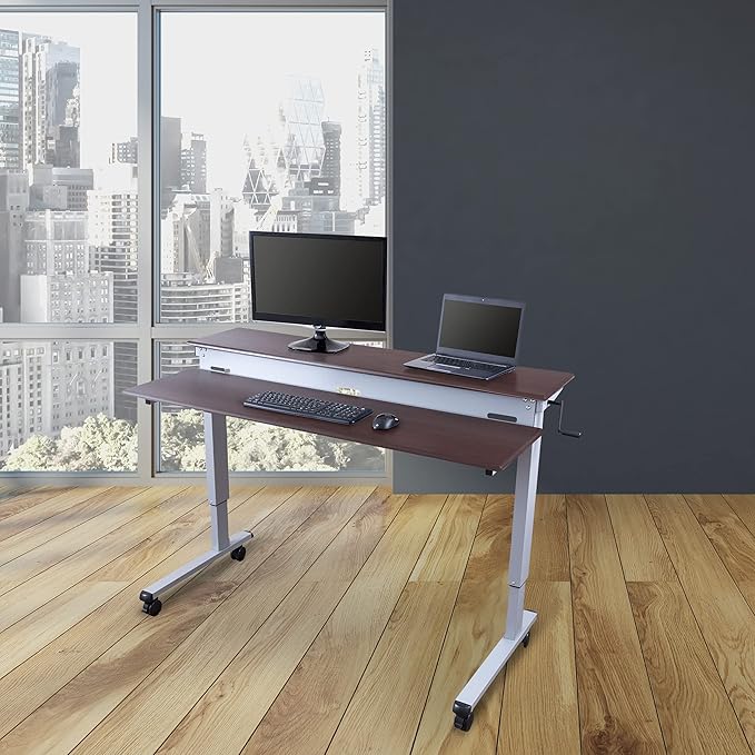 S STAND UP DESK STORE Crank Adjustable 2-Tier Standing Desk with Heavy Duty Steel Frame-Silver Frame/Dark Walnut Top, 60 inch Wide