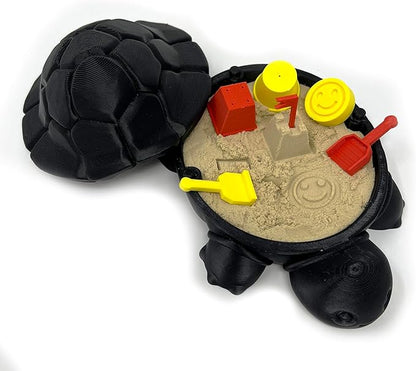 Munnygrubbbers - Mini Desktop Turtle Sand Box - 6 x 6 in - Stress Relief - Includes Soft Moldable Play Sand and Mini Tool Accessories - Novelty Gift - Desktop Decor - Zen Garden - (Black)