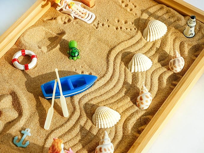 Desktop Miniature Beach Zen Garden - Mini Home Office Tabletop Sandbox Bamboo Rakes Stamps Tray Tool Accessories Kit Meditation Relaxation Decor - Stress Relief Therapy Gifts Kids Adult Father Mother