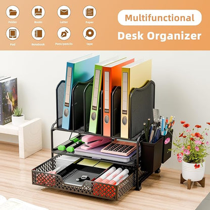 Simple Trending Desk File Organizer with Sliding Drawer, Metal Mesh Double Tray and 5 Upright Section Sorter and 2 Pen Holder, Black