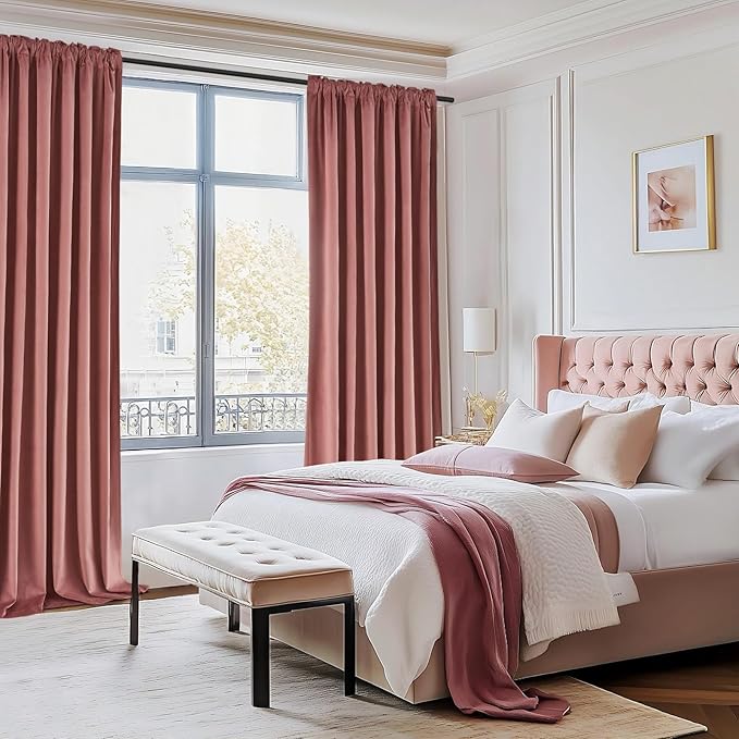 Topfinel Dusty Rose Velvet Blackout Curtains 96 Inches Long, Blush Pink Rose Gold Pleated Boho Floor to Ceiling Spring Cute Back Tab Heavy Crushed Velvet Curtains for Living Room Bedroom with Hooks