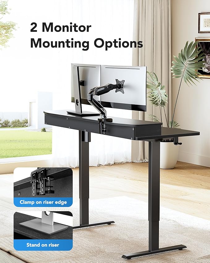 HUANUO 55″ x 26″ Electric Standing Desk with 2 Drawers, C-Clamp Mount Compatible, Height Adjustable Computer Desk, Home Office Stand Up Desk with 4 Preset Heights & 2 Hooks, Black