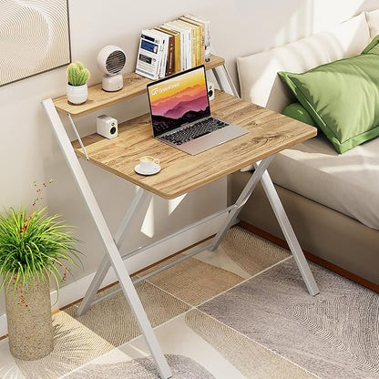 GreenForest Folding Desk No Assembly Required Small Size, 2-Tier Foldable Computer Desk with Shelf for Home Office, Space Saving Portable Laptop Study Foldable Table for Small Spaces, Oak