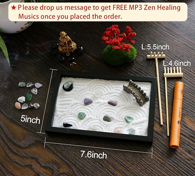 Mini Meditation Zen Garden Kit - Japanese Tabletop Rock Sand Chakra Buddha Zen Garden Home Office Desk Zen Decor Zen Gifts for Father Mother Birthday Gifts Sandbox w/Rake Tool Accessories Bonsai