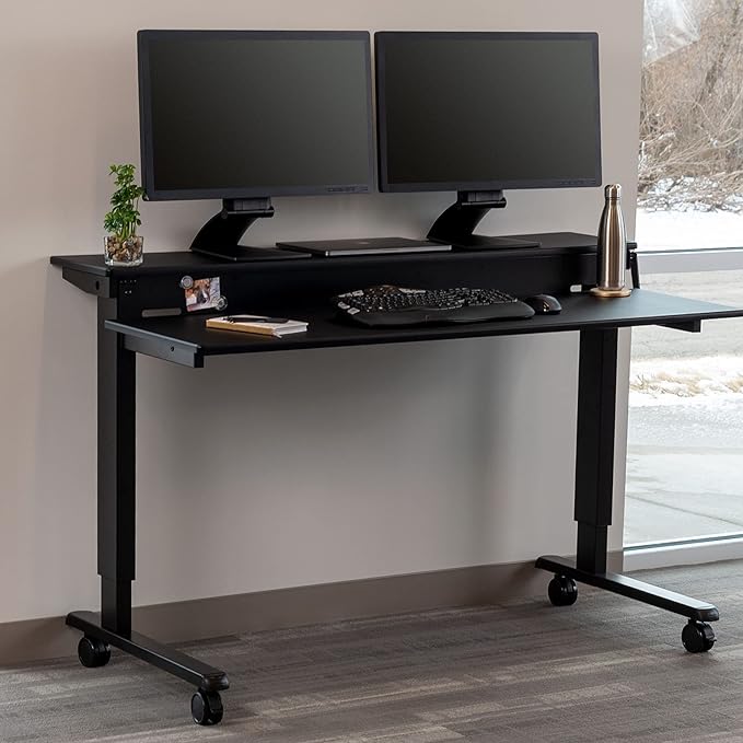 Stand Up Desk Store Crank Adjustable Two Tier Standing Desk with Heavy Duty Steel Frame (Black Frame/Black Top, 60" Wide)