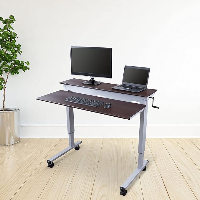 S STAND UP DESK STORE Crank Adjustable Tier Standing Desk with Heavy Duty Steel Frame (Silver Frame/Dark Walnut Top, 48in Wide)