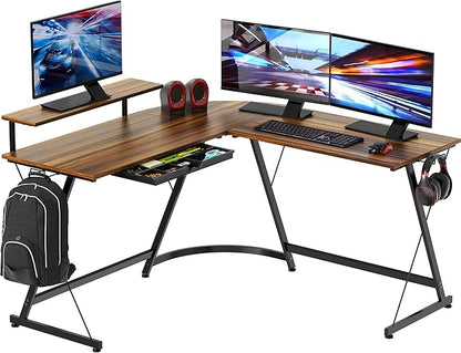 SHW Vista L-Shape Desk with Monitor Stand, Walnut