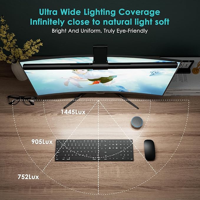 Quntis Monitor Light Bar PRO+ with Remote Control, Fit for Curved/Flat Monitor, Eye-Care USB Computer Lamp Dimmable Screen Light Bar with Auto-Dimming, No Glare Home Office Gaming Desk Lamp