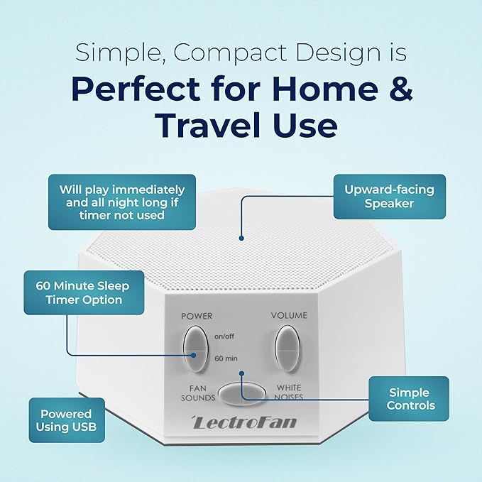 Adaptive Sound Technologies LectroFan Classic White Noise Machine - Compact Sleep Sound Machine for Bedroom, Travel, Study & More - 20 Non-Looping Fan & White Noise Variations - White