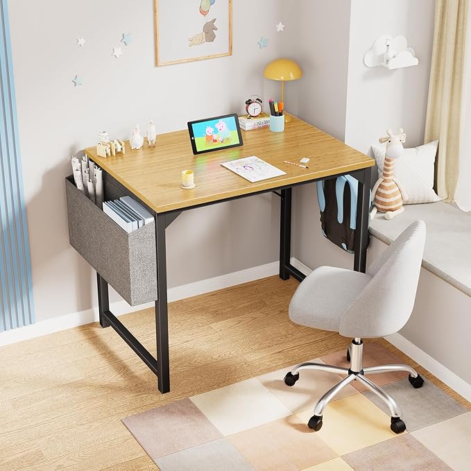 OLIXIS Small Computer Desk 32 Inch Home Office Work Study Writing Student Kids Bedroom Wood Modern Simple Table with Storage Bag & Headphone Hooks, Nature