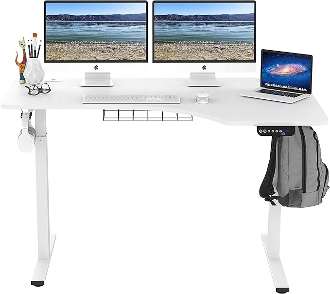 SHW 55-Inch L-Shaped Electric Height Adjustable L-Shaped Standing Desk with Right Facing Corner, White