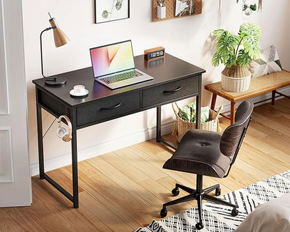 ODK 40 Inch Small Desk with Fabric Drawers- for Bedroom, Black Study Desk with Storage, Home Office Computer Desk for Small Spaces, Modern Work Writing Kids Table, Black