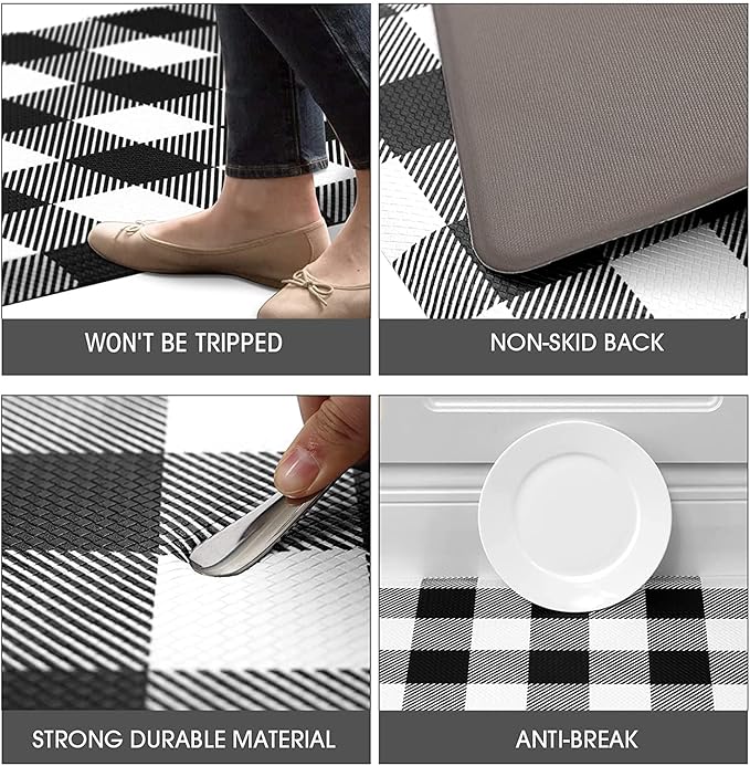 MAYHMYO Anti Fatigue Kitchen Rug Kitchen Floor Mat Cushioned Black and White Buffalo Plaid Kitchen Rugs and Mats Non Skid Waterproof Kitchen Mats for Floor Laundry Office Sink, 17.3"x59"