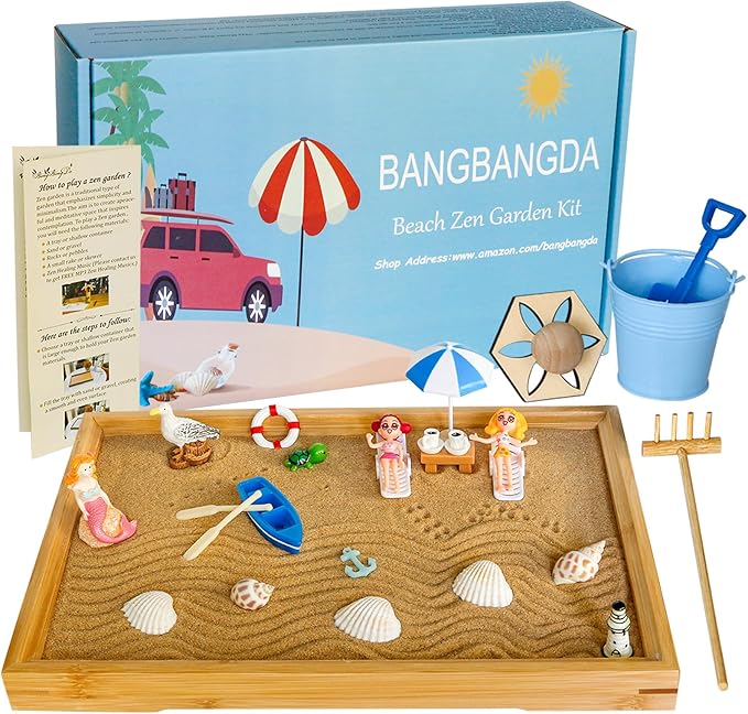 Desktop Miniature Beach Zen Garden - Mini Home Office Tabletop Sandbox Bamboo Rakes Stamps Tray Tool Accessories Kit Meditation Relaxation Decor - Stress Relief Therapy Gifts Kids Adult Father Mother