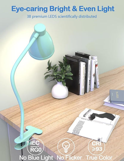 BOHON Desk Lamp with Clamp, 10W 38 LED Clip on Light, 3 Color 10 Brightness Auto Off Timer, Flexible Gooseneck Clip Lamp, Desk Lights for Office Home Bed Bedside Reading, Adapter Include, Teal