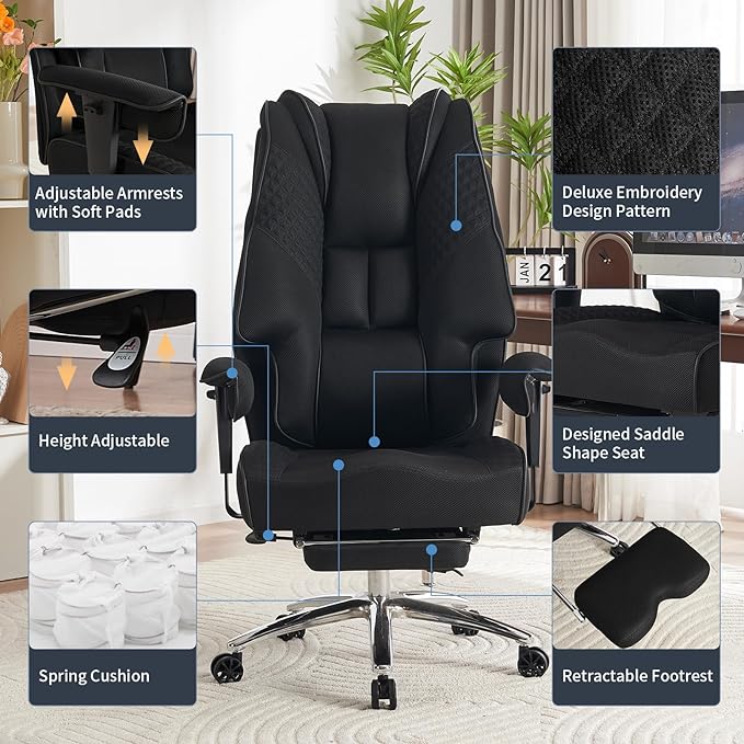 Big and Tall Office Chair 400lbs Wide Seat, Mesh High Back Executive Office Chair with Foot Rest, Ergonomic Office Chair Lumbar Support for Lower Back Pain Relief (Mesh Black)