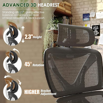 GABRYLLY Ergonomic Office Chair, Big and Tall Mesh Chair with Lumbar Support, 3D armrest - 215° Rotation, Adjustable Headrest & Soft Seat, Durable Desk Chair 350LBS for Work Gaming Computer,Grey