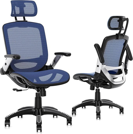 GABRYLLY Ergonomic Office Chair, High Back Mesh Desk Chair with Adjustable Headrest, Flip-Up Arms, 90-120° Tilt Lock, Lumbar Support and Comfy Seat, Swivel Computer Task Chair, Blue