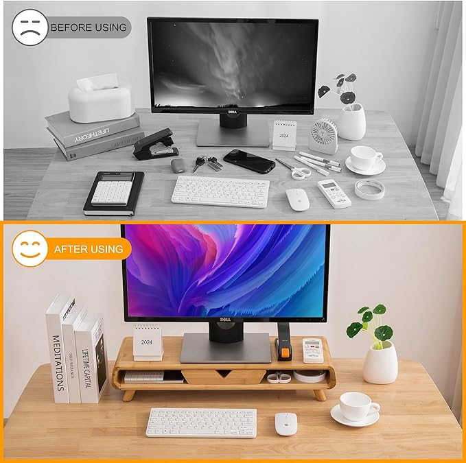 Homerays Bamboo Monitor Stand Riser, No Assembly Required Exquisite Monitor Stand with Drawer Ergonomic Height Wood Monitor Stand