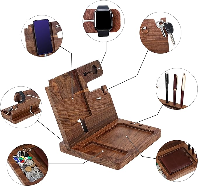 awofer Gifts for Men - Ebony Wood Phone Docking Station - Nightstand with Key Holder, Wallet Stand and Watch Organizer to Boyfriend Husband Wife Dad for Anniversary Birthday Christmas